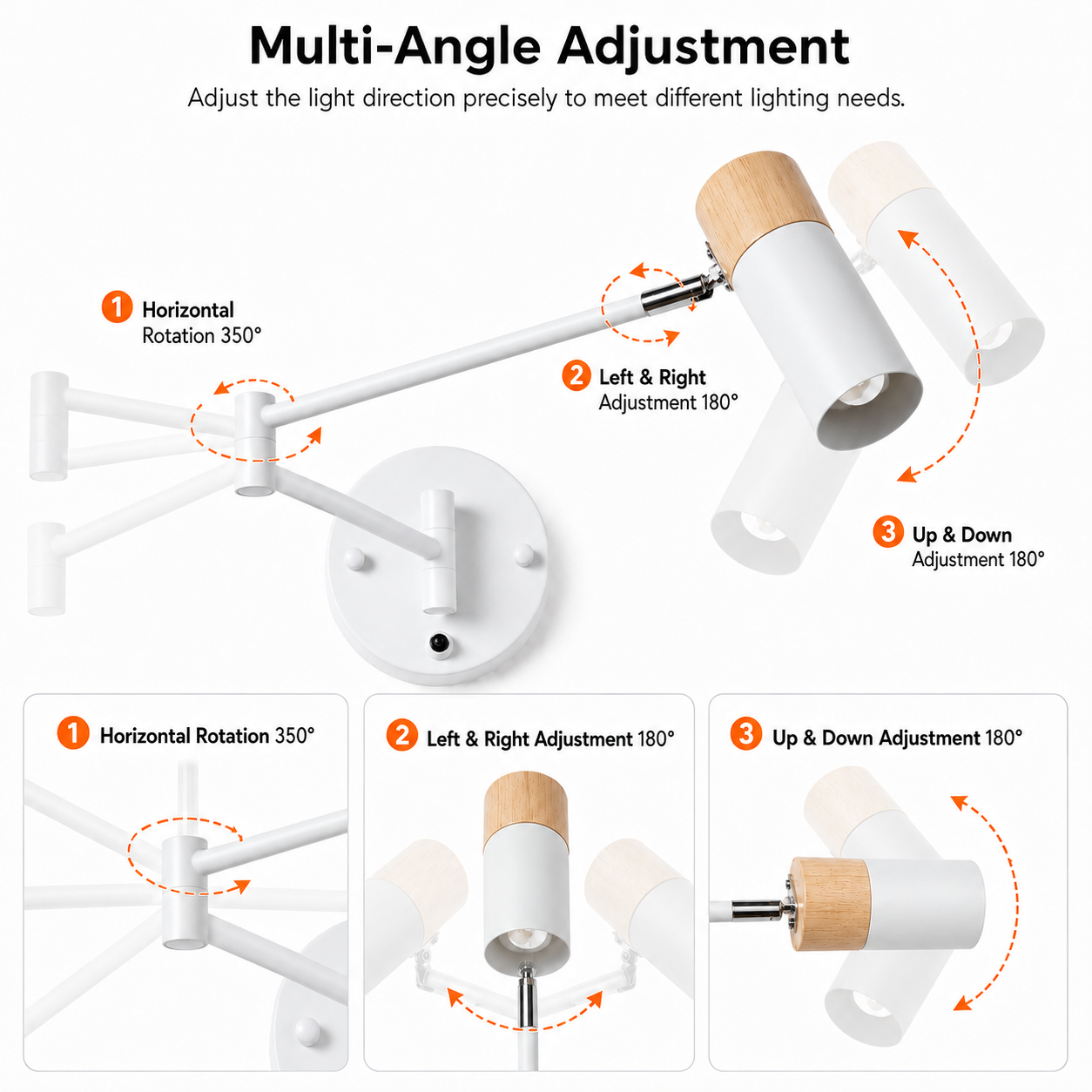 Lámpara de pared blanca con brazo ajustable y detalles de madera.