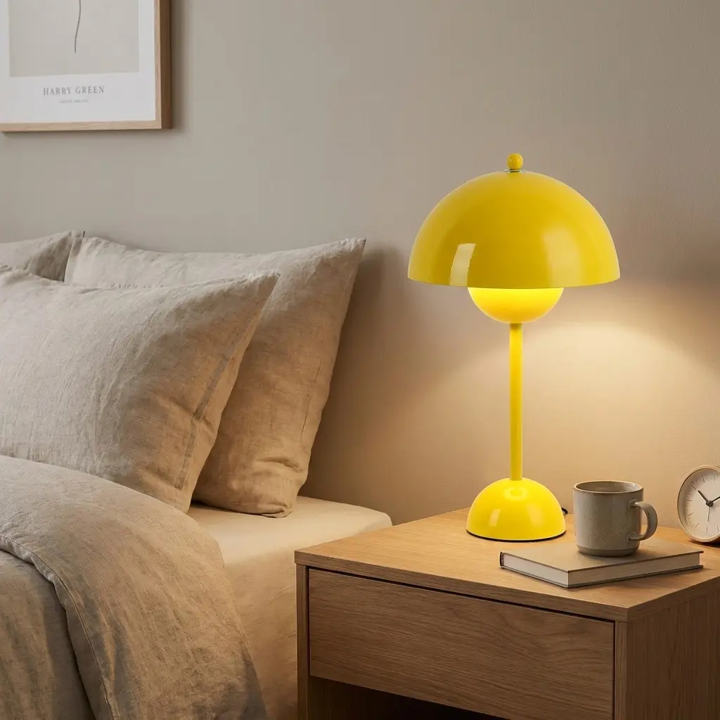 Una lámpara de mesa amarilla en forma de hongo ilumina una mesita de noche junto a una cama.