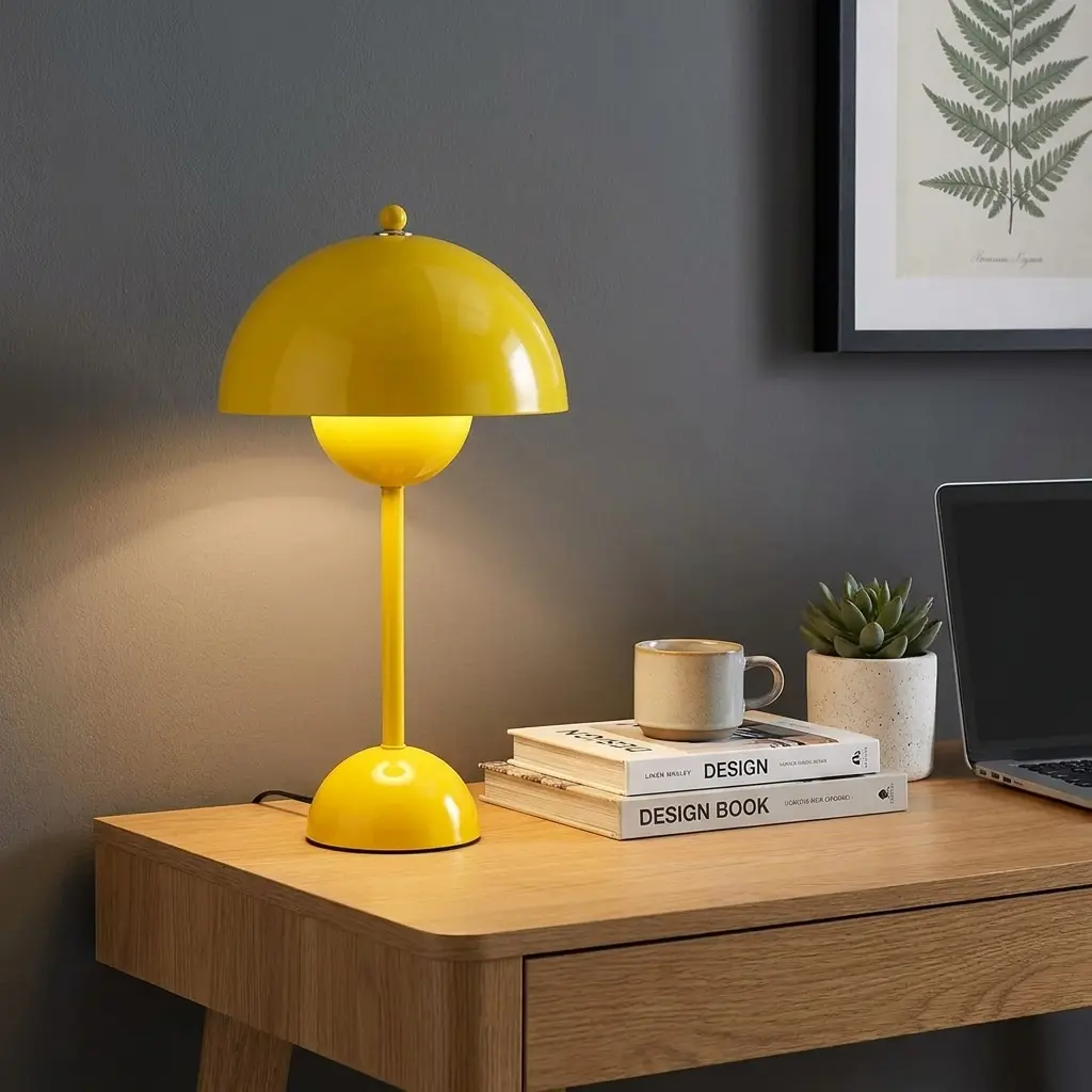 Una lámpara amarilla brillante ilumina un escritorio con libros, una taza y un portátil.