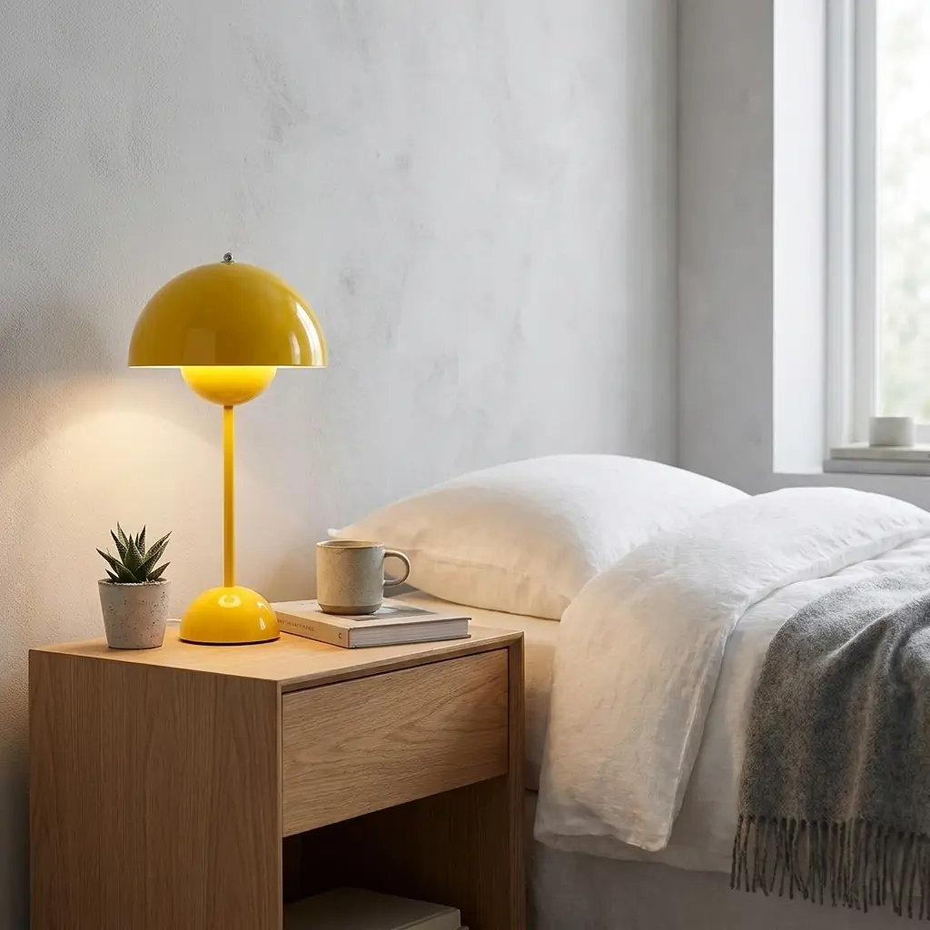Lámpara amarilla en mesita de noche junto a cama con ropa blanca.