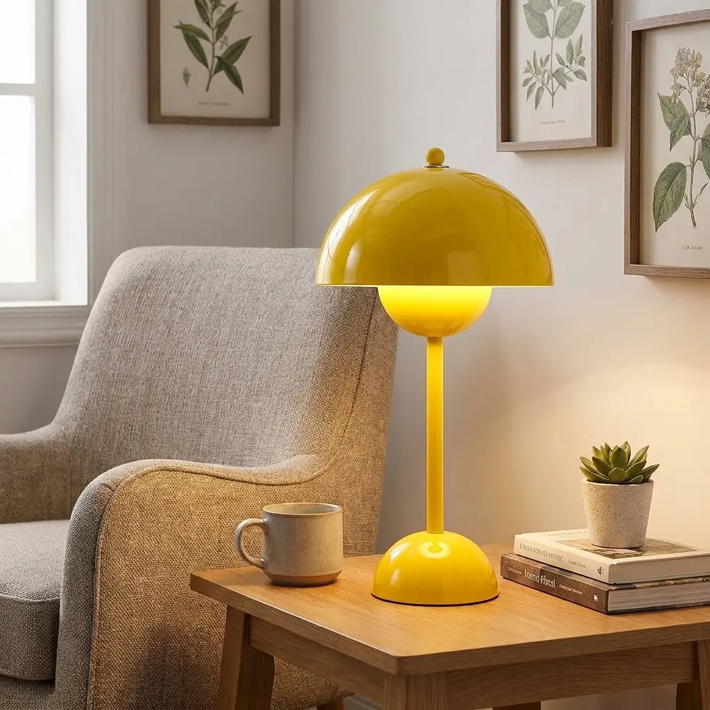 Una lámpara de mesa amarilla con cúpula y taza en una mesita de madera.
