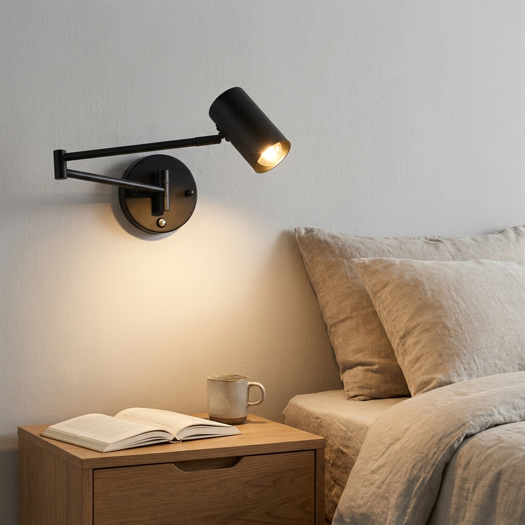 Una lámpara de pared negra ajustable sobre una mesita de noche con libro abierto y taza.