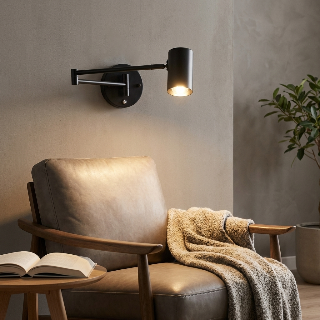 Un sillón de cuero marrón con manta, libro y lámpara de pared.