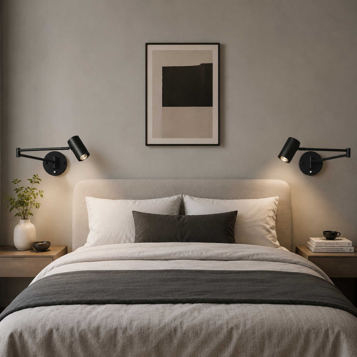 Una cama con almohadas blancas y grises, dos apliques de pared y un cuadro.