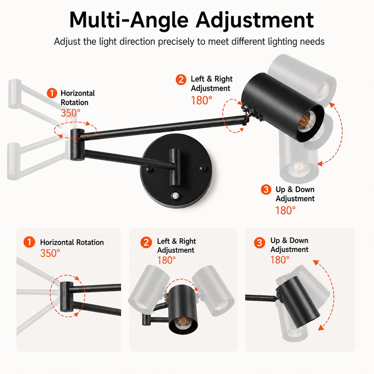 Lámpara de pared negra con brazo articulado mostrando opciones de ajuste horizontal y vertical.