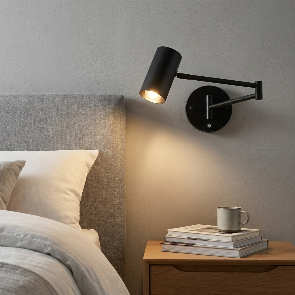 Una lámpara de pared negra ajustable ilumina una mesita de noche con libros y una taza.