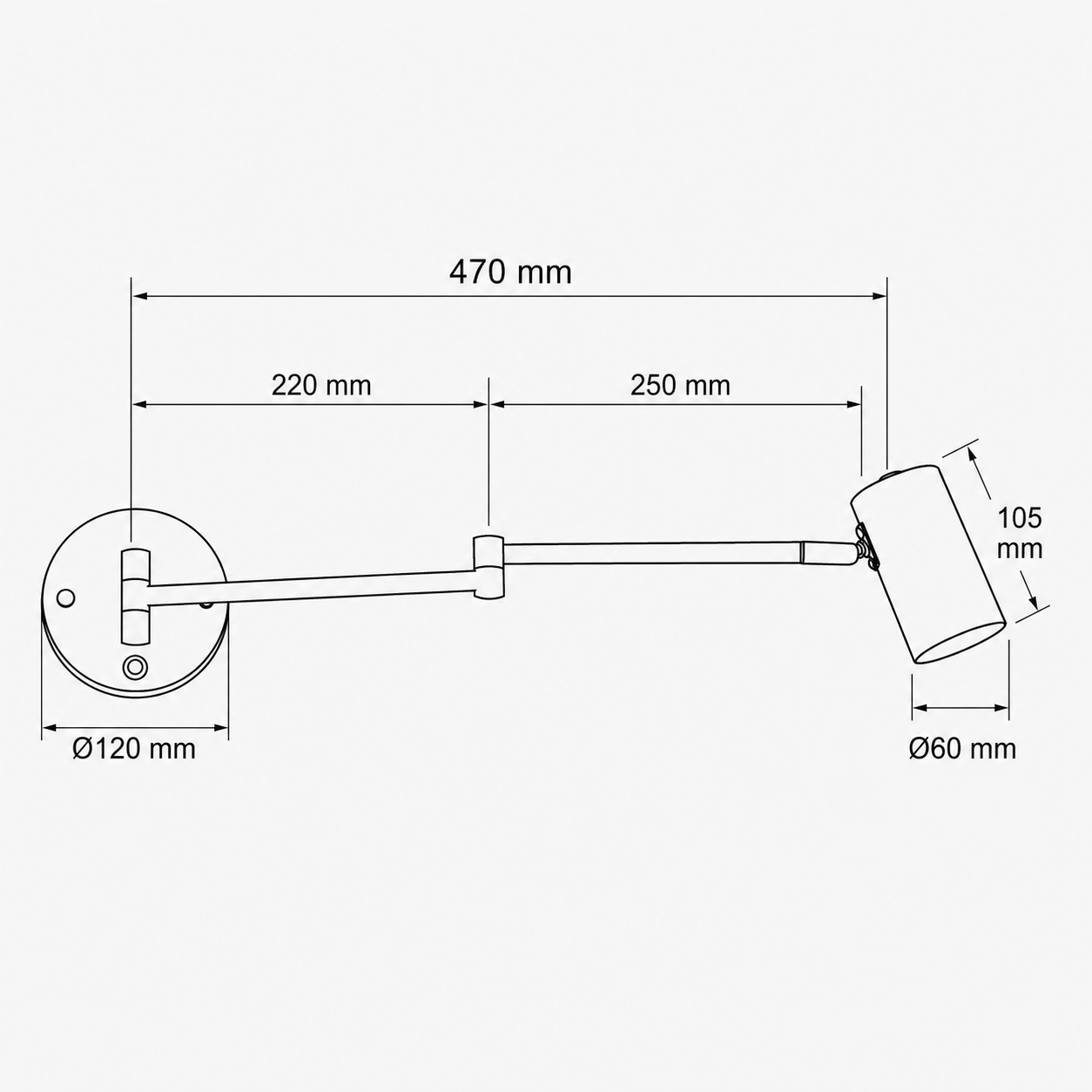 Dibujo técnico de una lámpara de pared con dimensiones. Base 120mm diámetro.