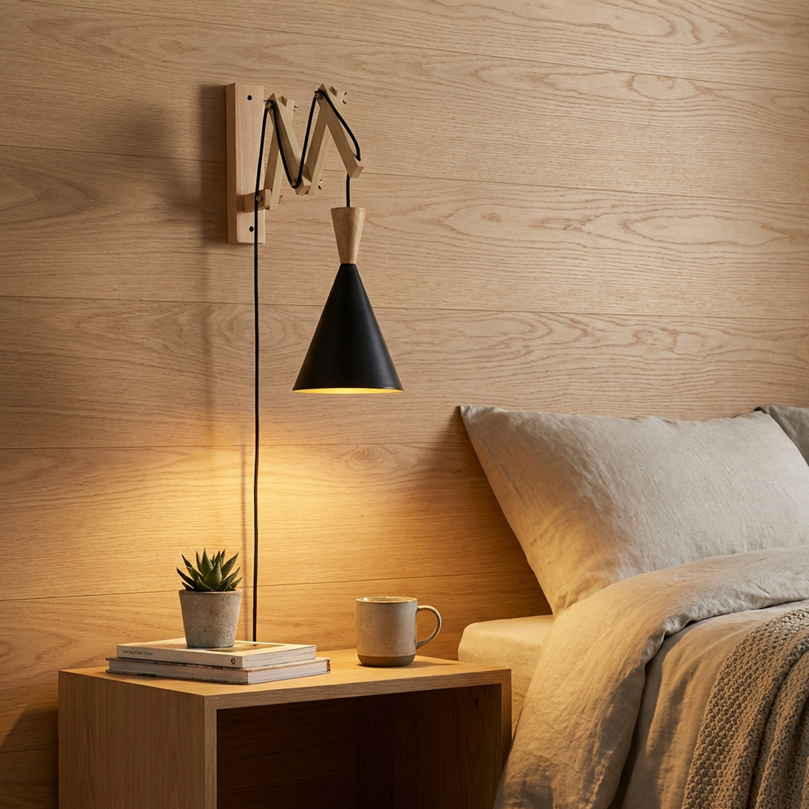 Una mesita de noche con lámpara, libro, planta y taza junto a una cama.