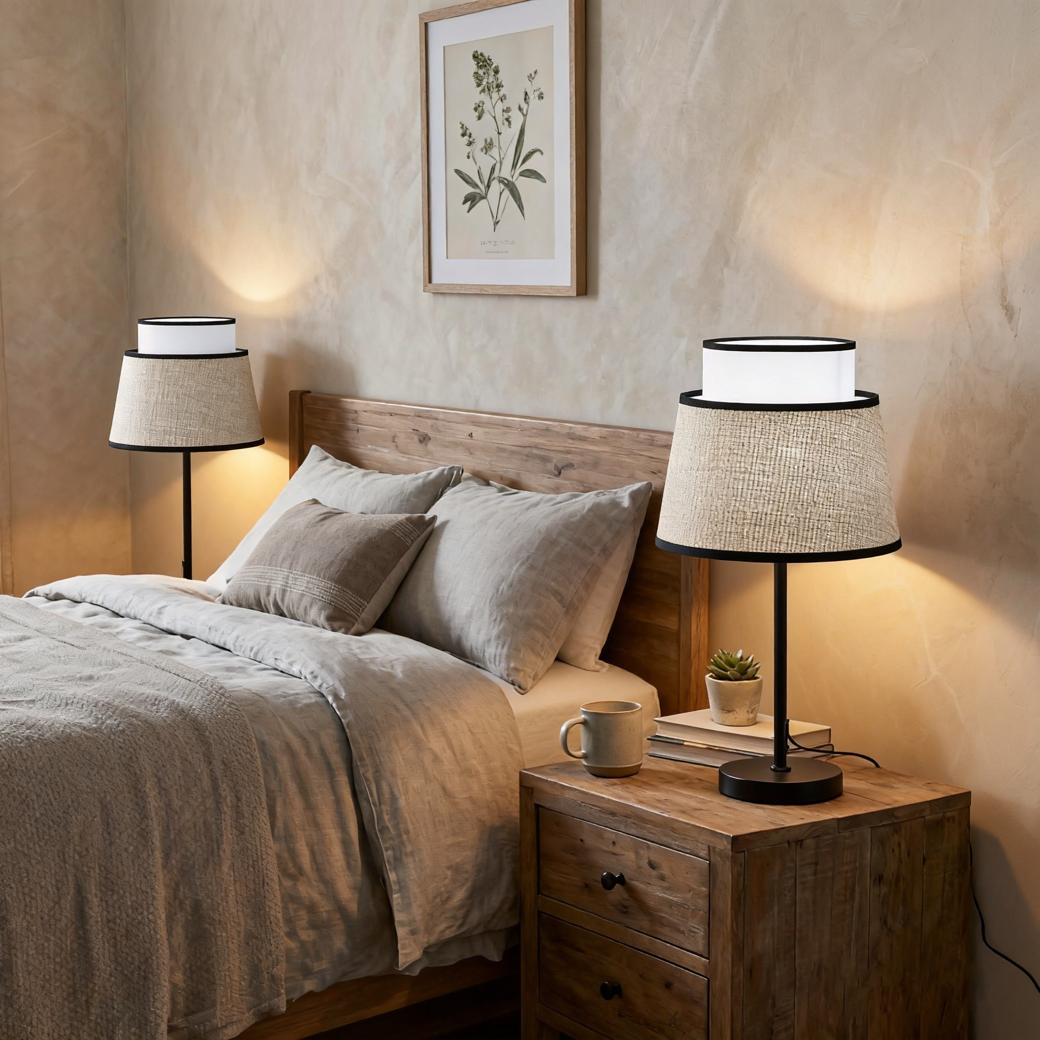 Una cama con cojines y mantas, lámparas de noche, una mesita de noche y decoración de pared.