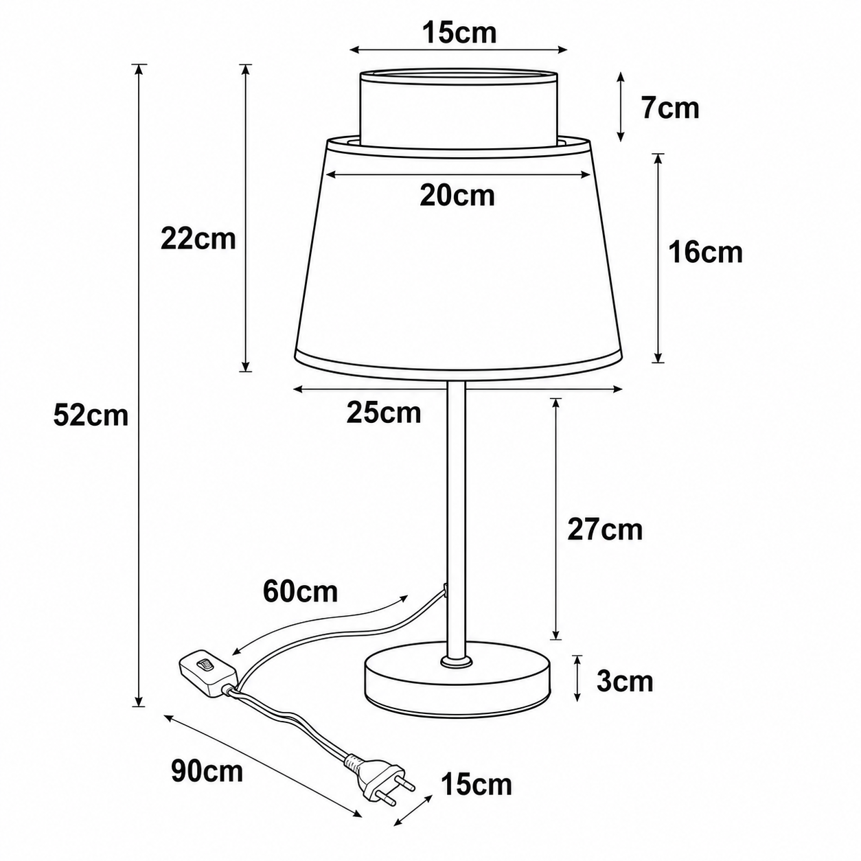 Dibujo técnico de una lámpara de mesa con dimensiones. Altura total 52cm.