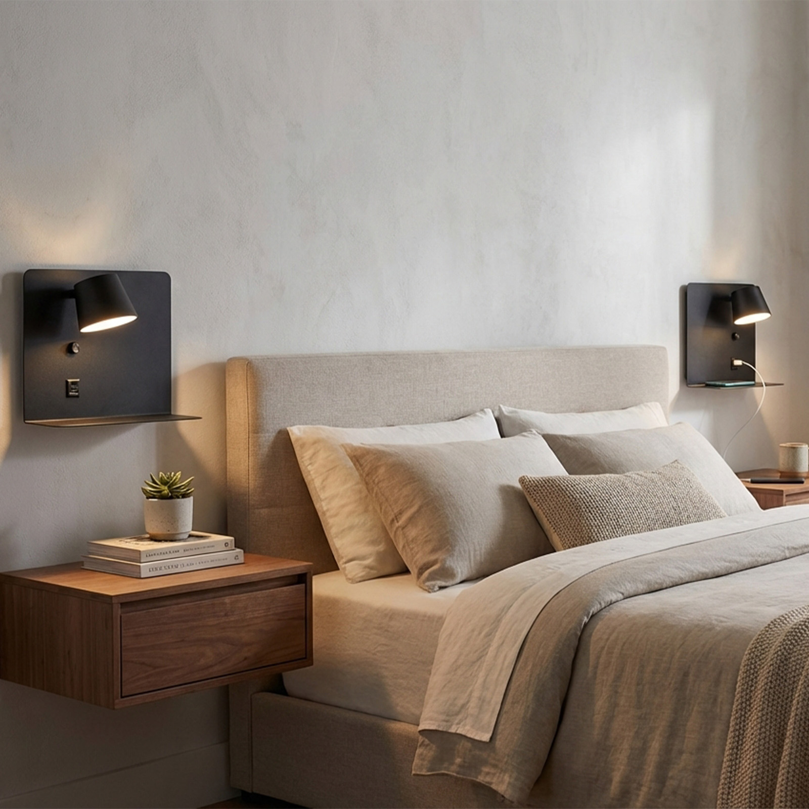 Un dormitorio moderno con cama, mesita de noche y lámparas de pared.