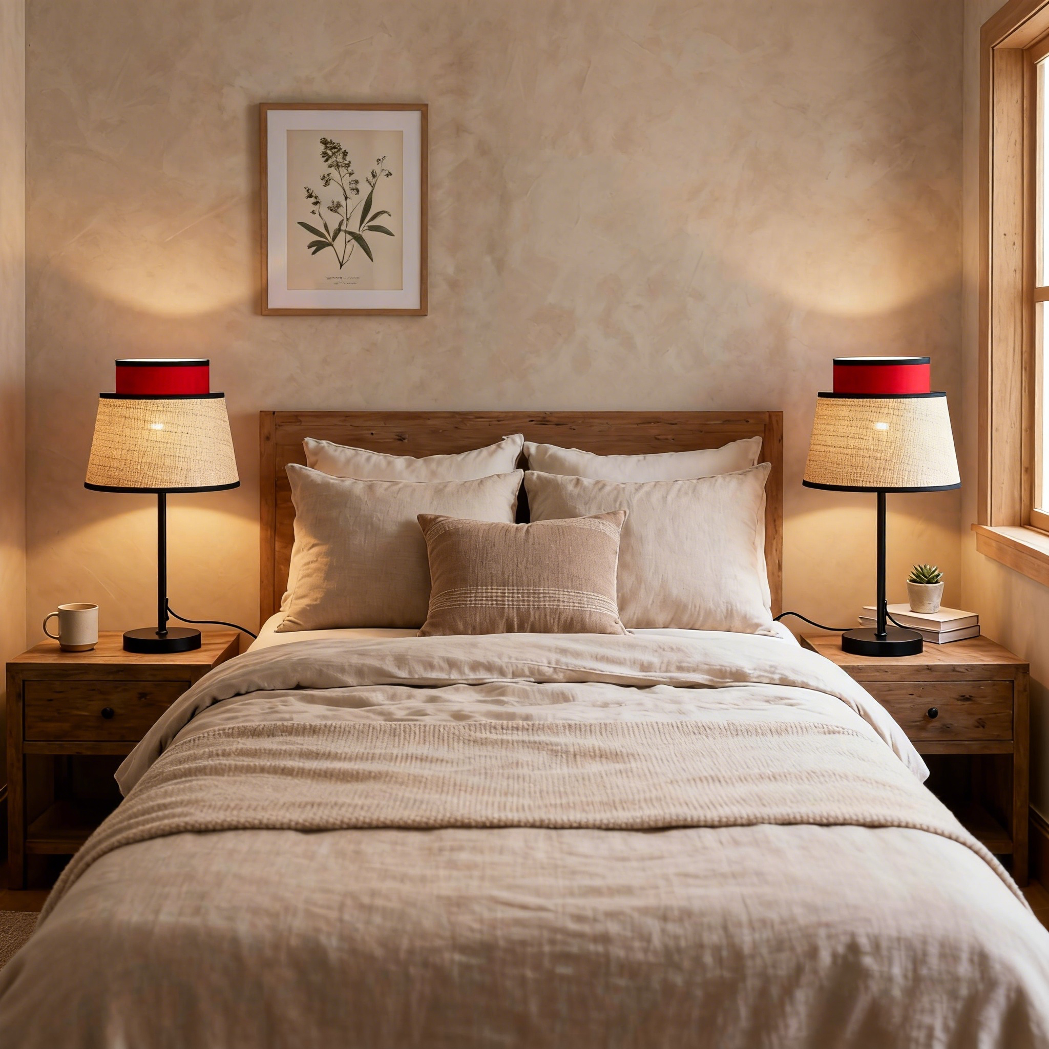 Un dormitorio acogedor con una cama doble, dos mesitas de noche y lámparas.