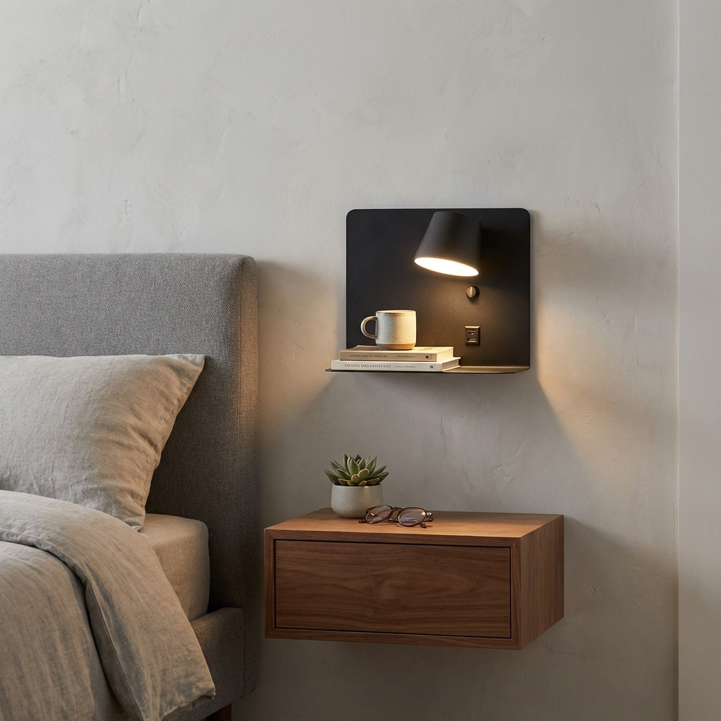Un dormitorio moderno con cabecero gris, mesita de noche con cajón y lámpara de pared.