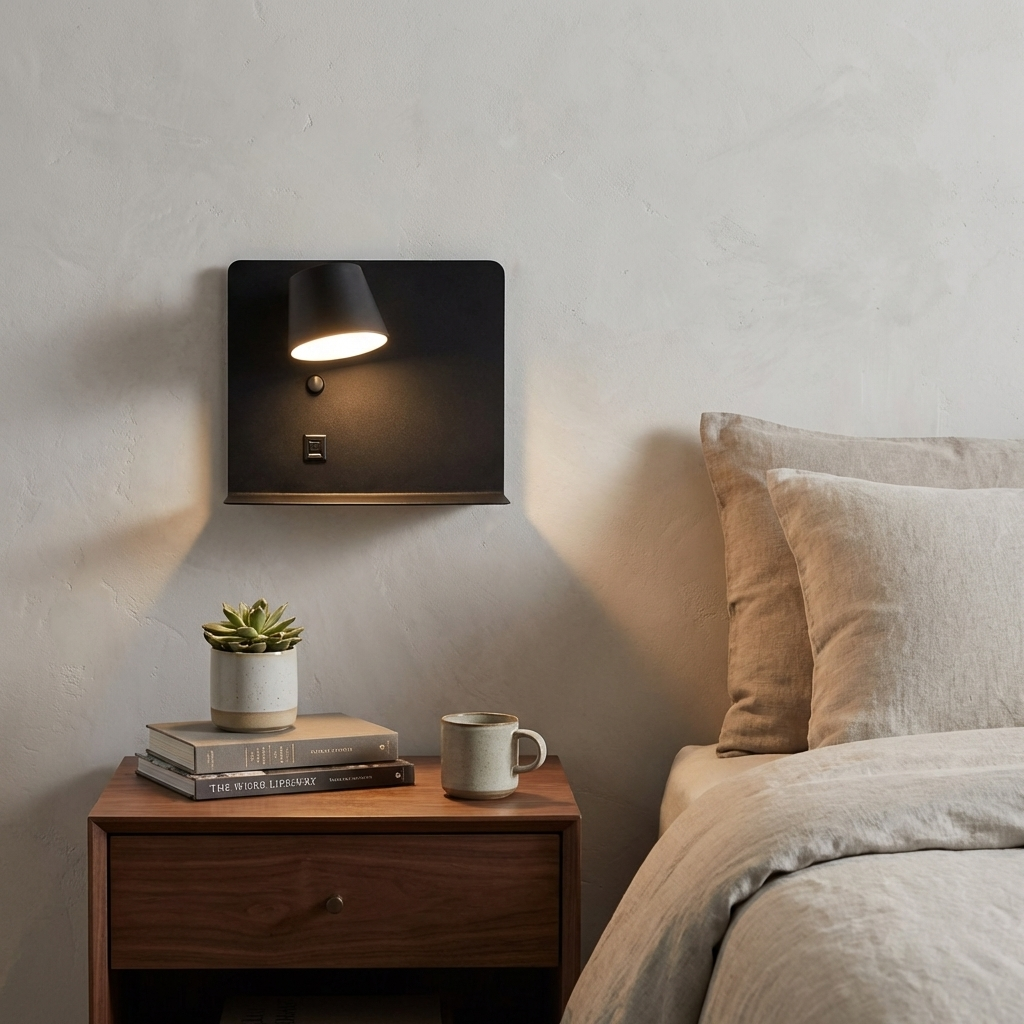 Una mesita de noche con libros, una planta y una taza, junto a una cama. Una lámpara de pared está encendida.