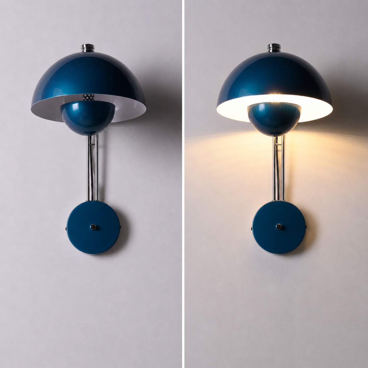 Una lámpara de pared azul, apagada a la izquierda, encendida a la derecha.