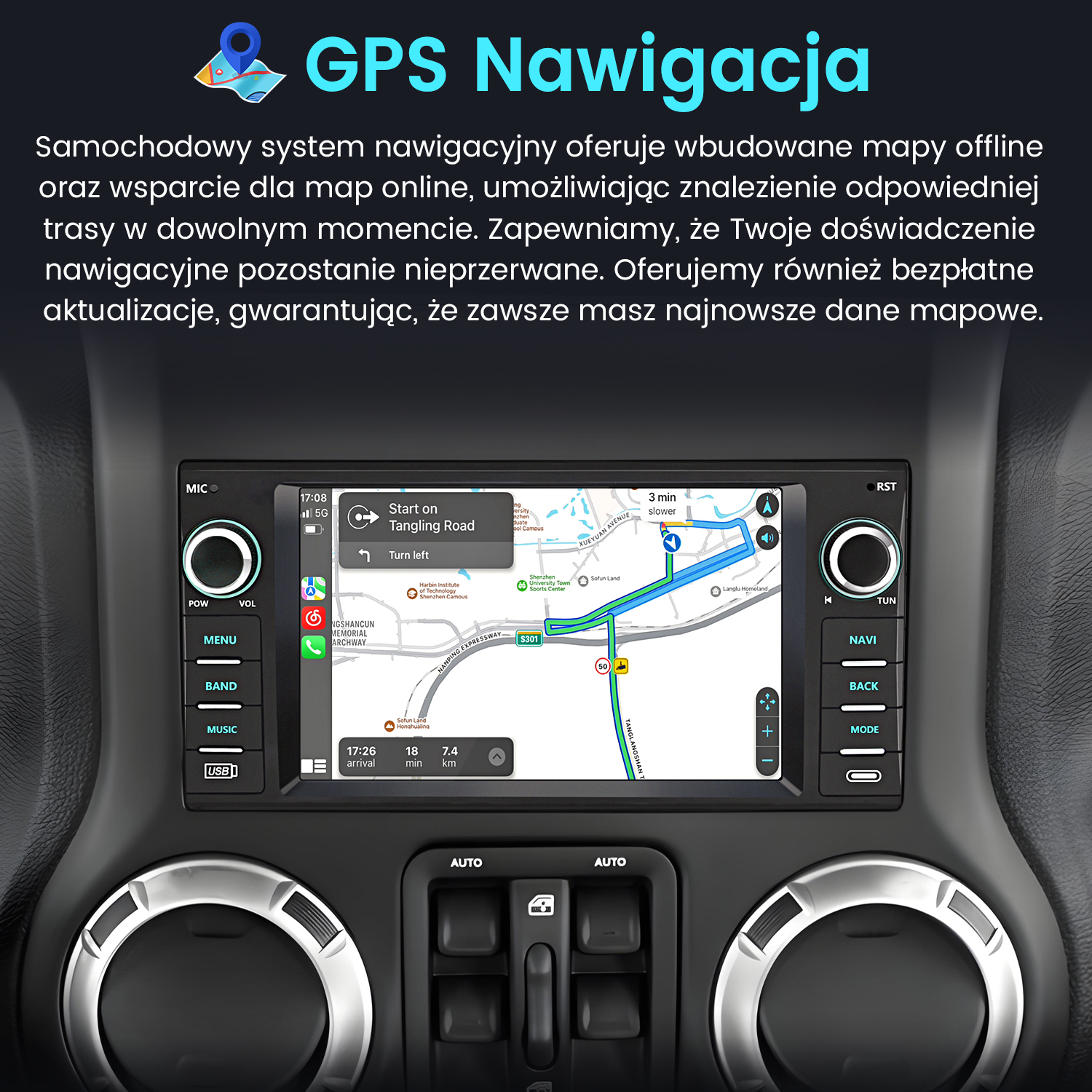 Deska rozdzielcza samochodu z ekranem nawigacji GPS pokazującym trasę.