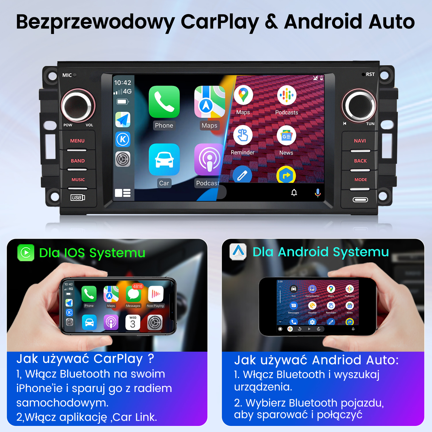 Radio samochodowe z wyświetlaczem CarPlay i Android Auto; iPhone i Android.