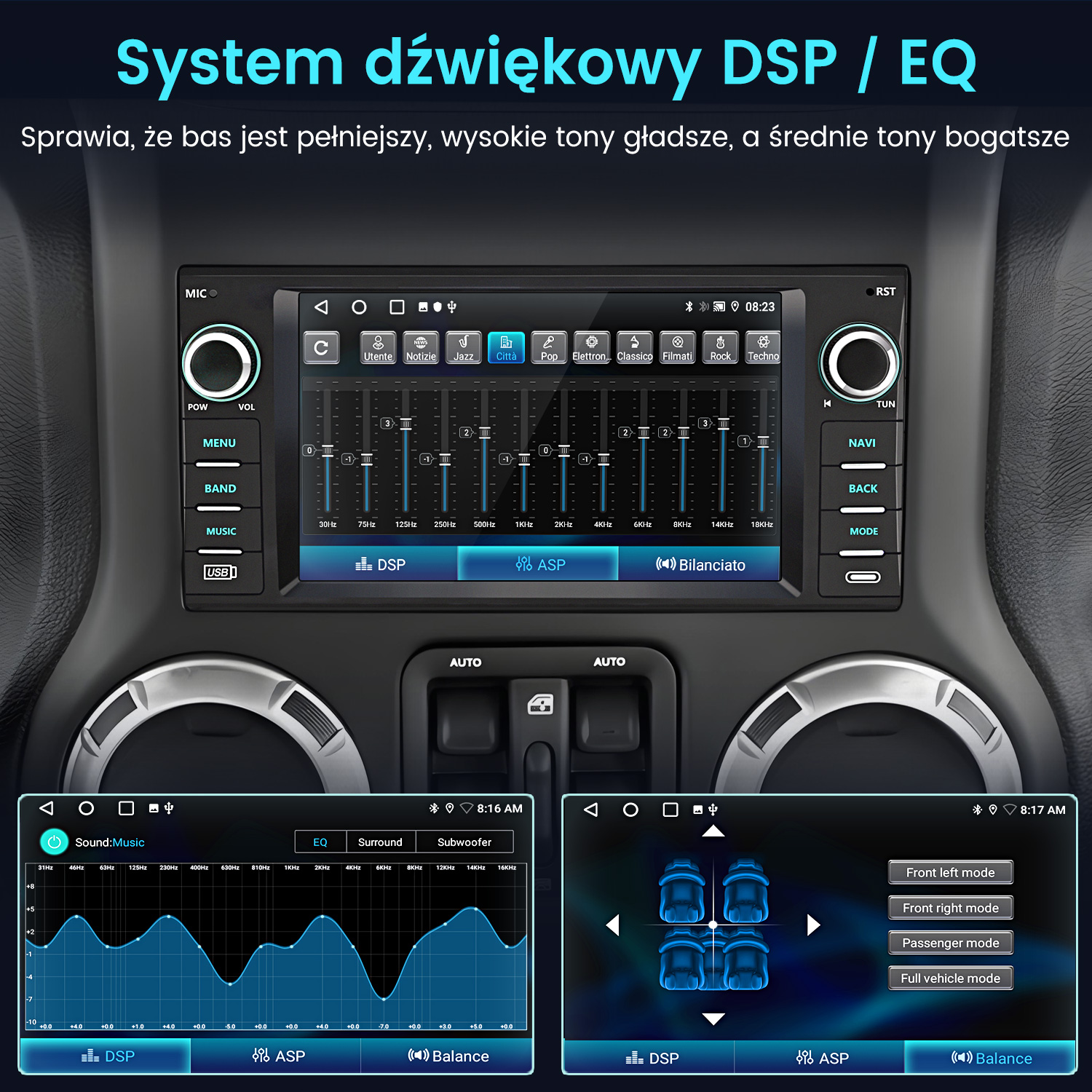 System infotainmentu samochodowego pokazujący ustawienia DSP/EQ, wykresy korektora i opcje balansu głośników.