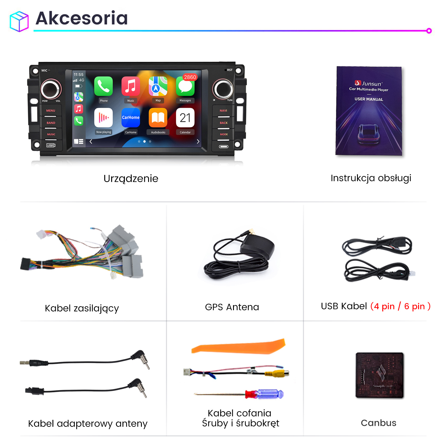 Akcesoria: Radio samochodowe, instrukcja, kable, antena, kabel USB, zestaw kamery cofania, Canbus.