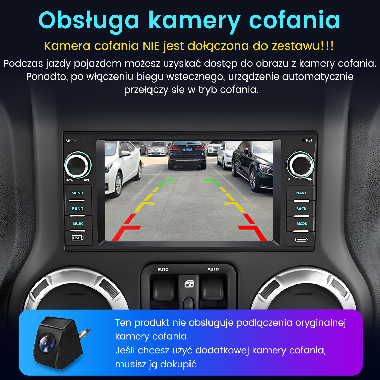 Wnętrze samochodu z ekranem kamery cofania i osobną kamerą.