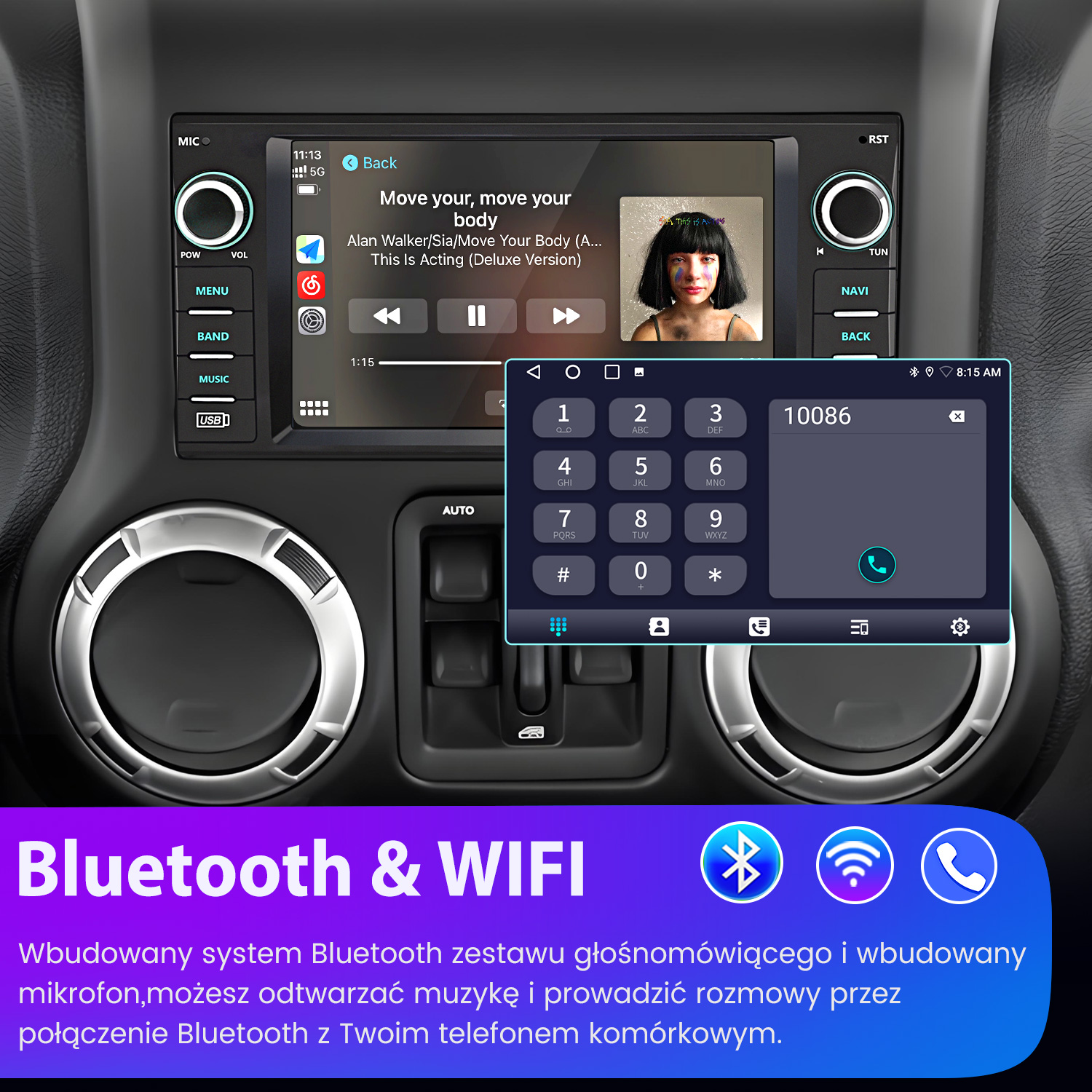 Radio samochodowe wyświetla muzykę i klawiaturę. Tekst 'Bluetooth & WIFI' na dole.