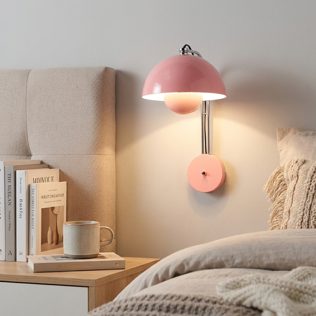 Una lámpara de pared rosa sobre una mesita de noche con libros y una taza.