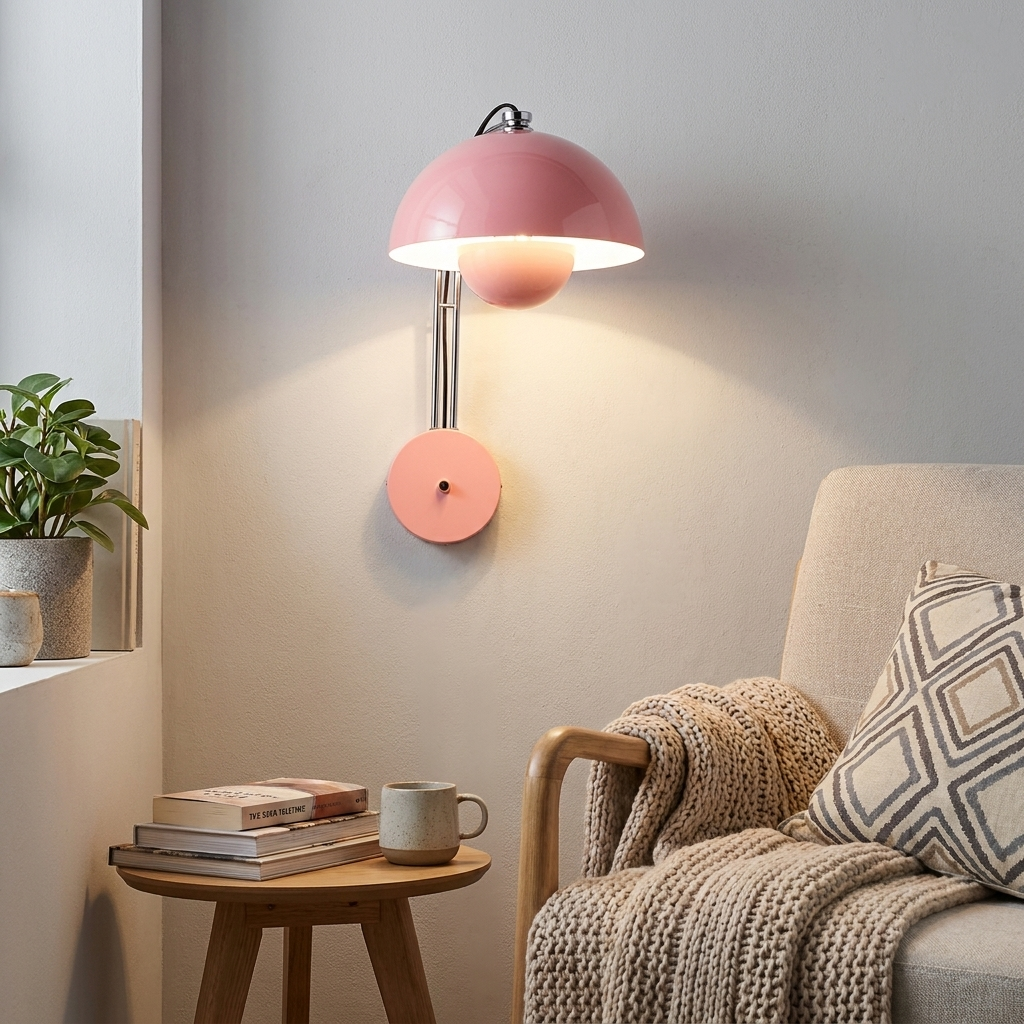 Una lámpara de pared rosa ilumina una silla con manta y cojín. Cerca hay una mesita con libros y taza.