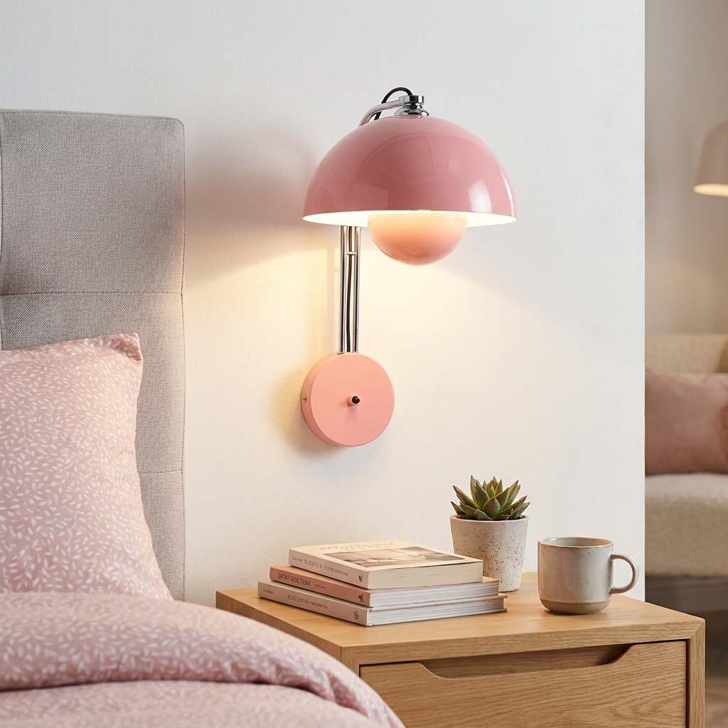 Una lámpara de pared rosa sobre una mesita de noche con libros, planta y taza.