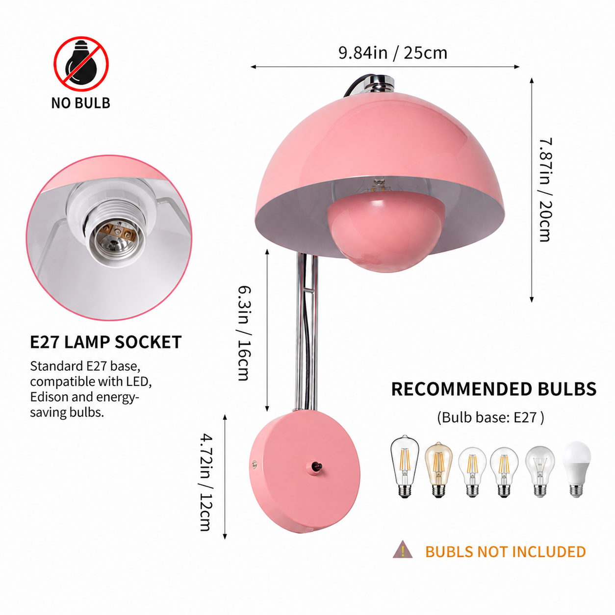 Una lámpara rosa con casquillo E27, mostrando dimensiones y recomendaciones de bombillas.