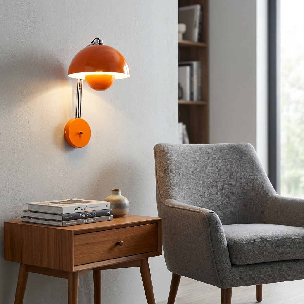 Una lámpara de pared naranja ilumina una estantería junto a un sillón gris.