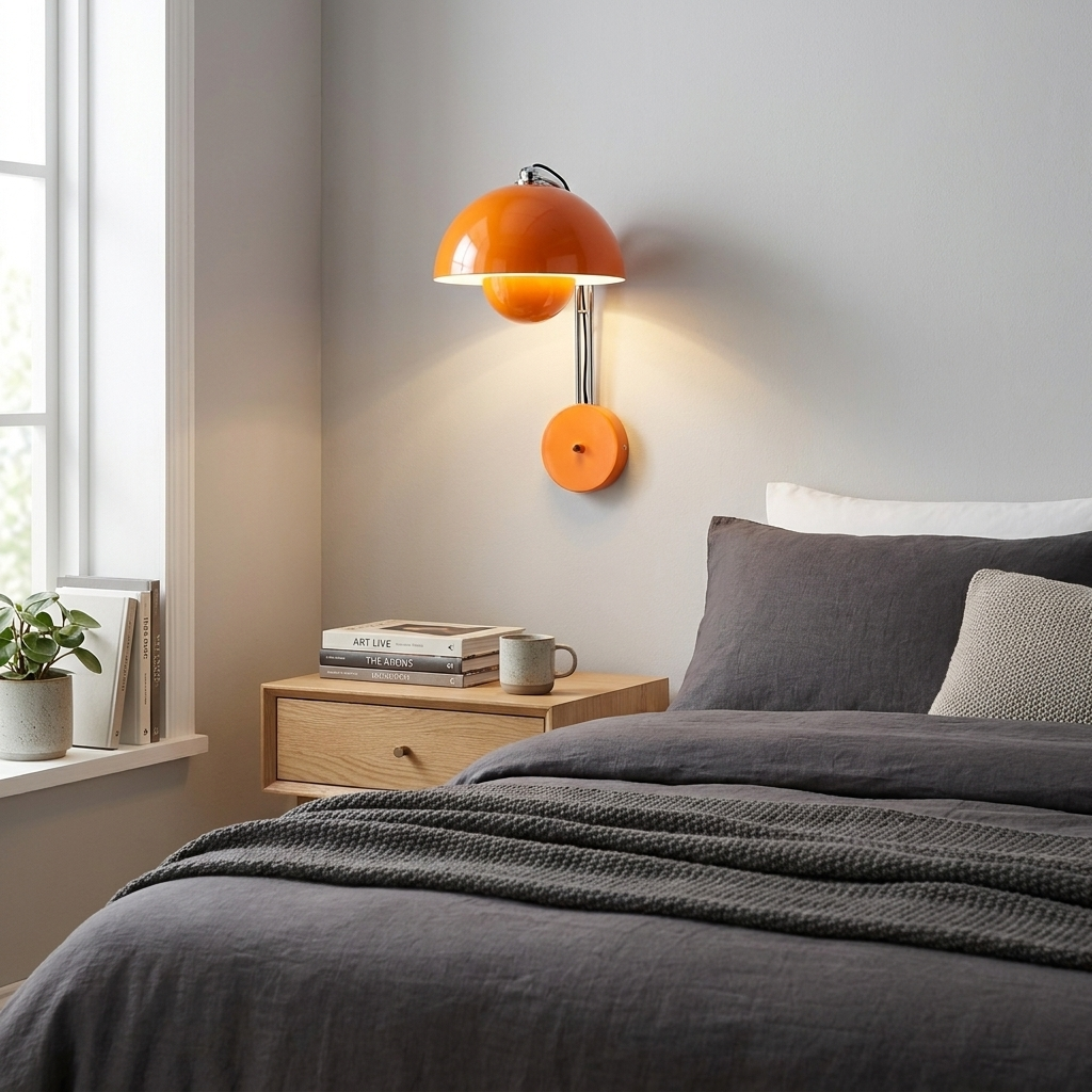 Lámpara de pared naranja sobre mesita de noche con libros y taza junto a cama.