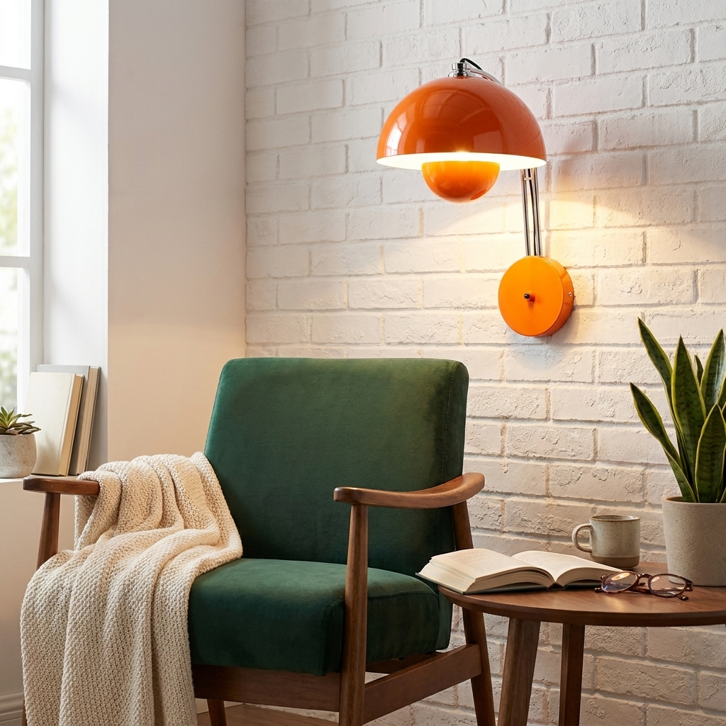 Un sillón verde junto a una mesa de madera con lámpara y libros.