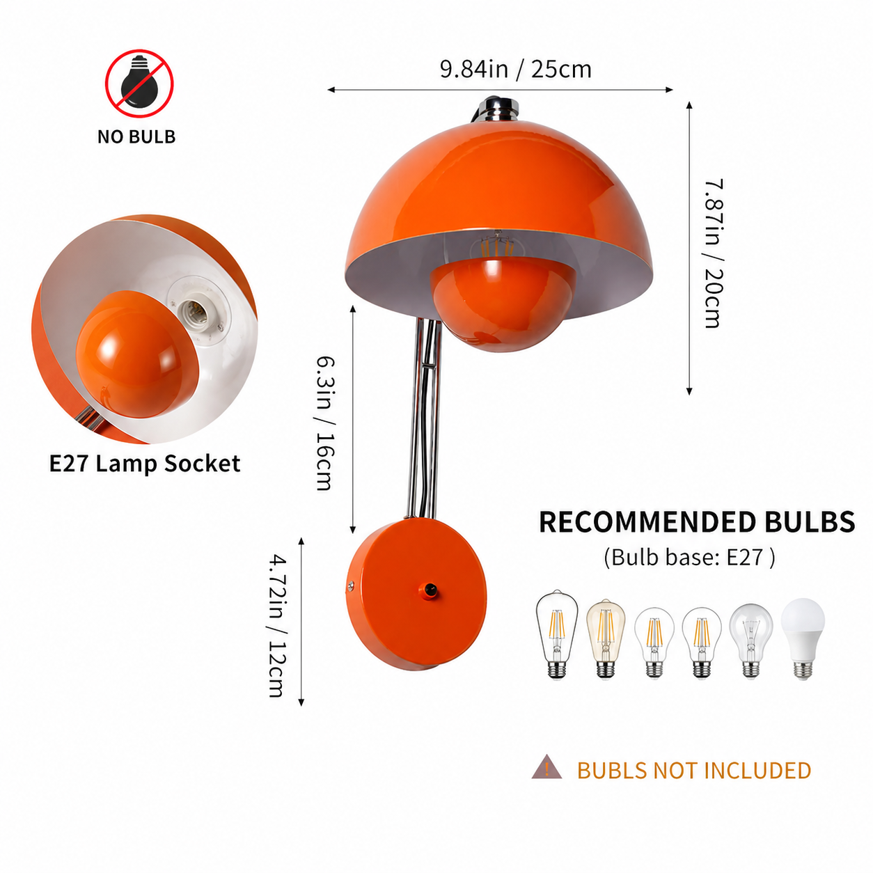 Lámpara de pared naranja con brazo cromado y dimensiones. Muestra portalámparas E27 y bombillas recomendadas.