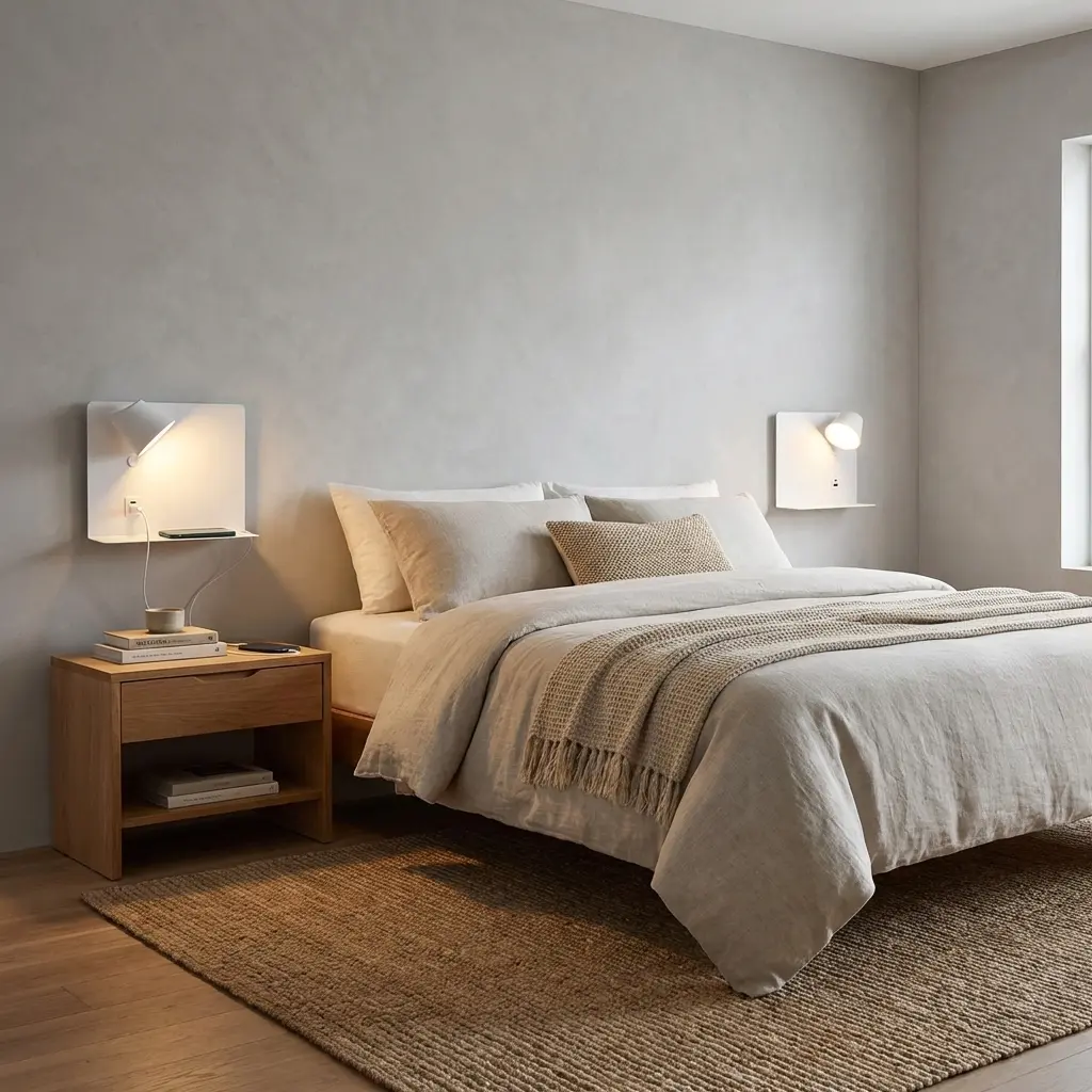 Un dormitorio minimalista con una cama bien hecha, mesita de noche de madera y lámparas de pared.
