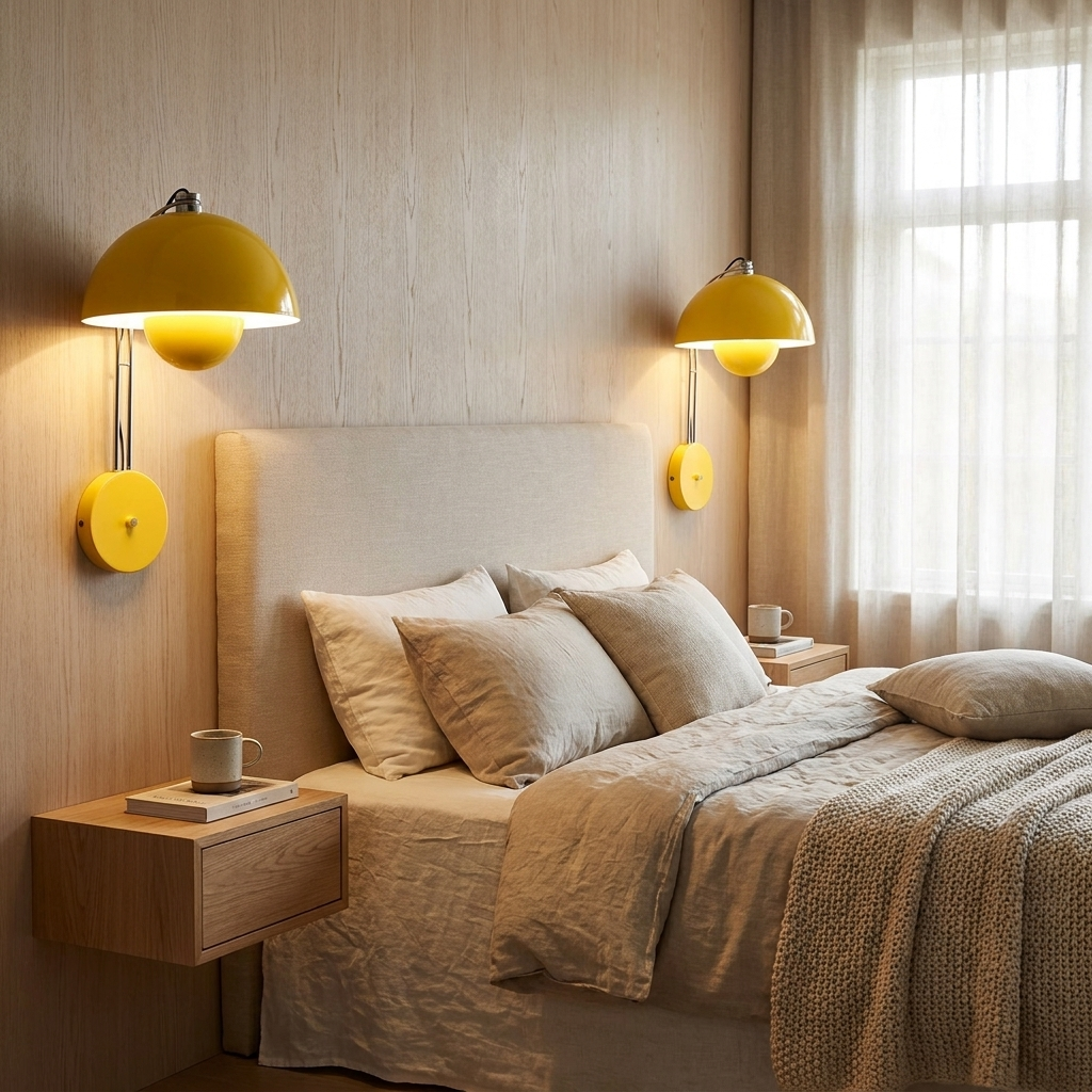 Dos apliques amarillos sobre una cama con ropa de cama de lino, mesita y ventana.
