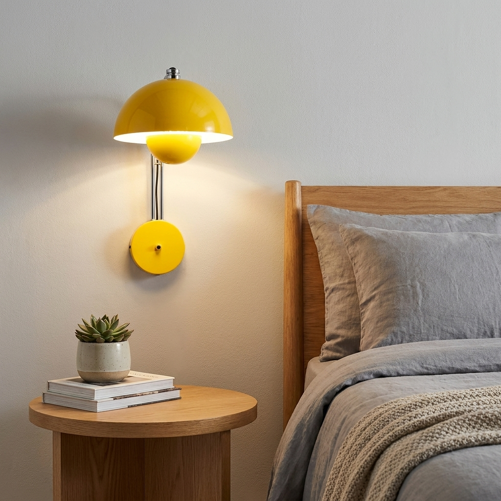 Un aplique de pared amarillo ilumina junto a una cama con ropa de cama gris.