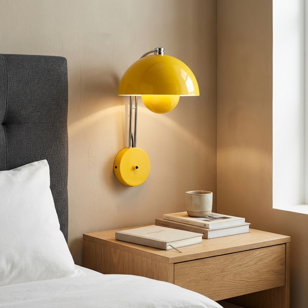 Una lámpara de pared amarilla sobre una mesita de noche con libros y una taza.