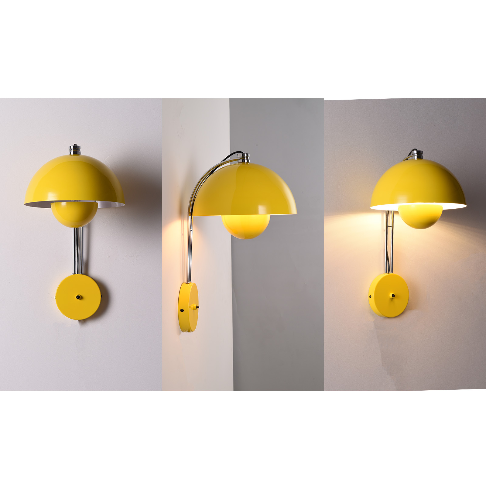 Lámpara de pared amarilla con brazo metálico y base redonda.
