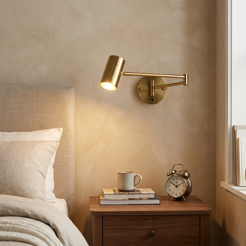 Un aplique de pared de latón ilumina una mesita de noche con libro y despertador.