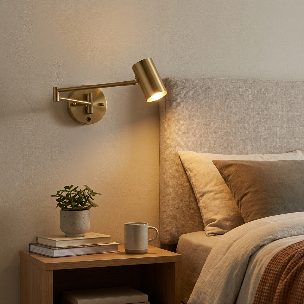 Una lámpara de pared de latón ilumina una mesita de noche con libros, una planta y una taza junto a una cama.