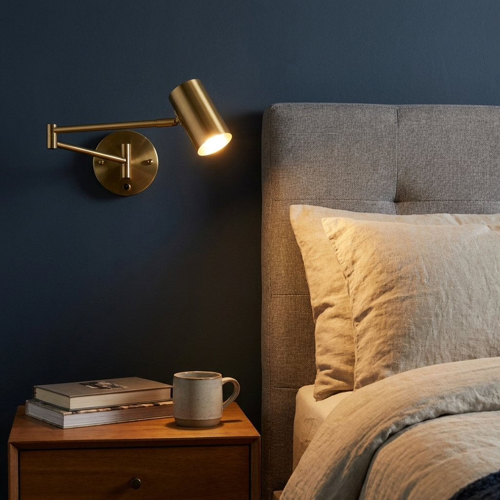 Una lámpara de pared dorada con brazo oscilante ilumina una cama con cabecero gris.
