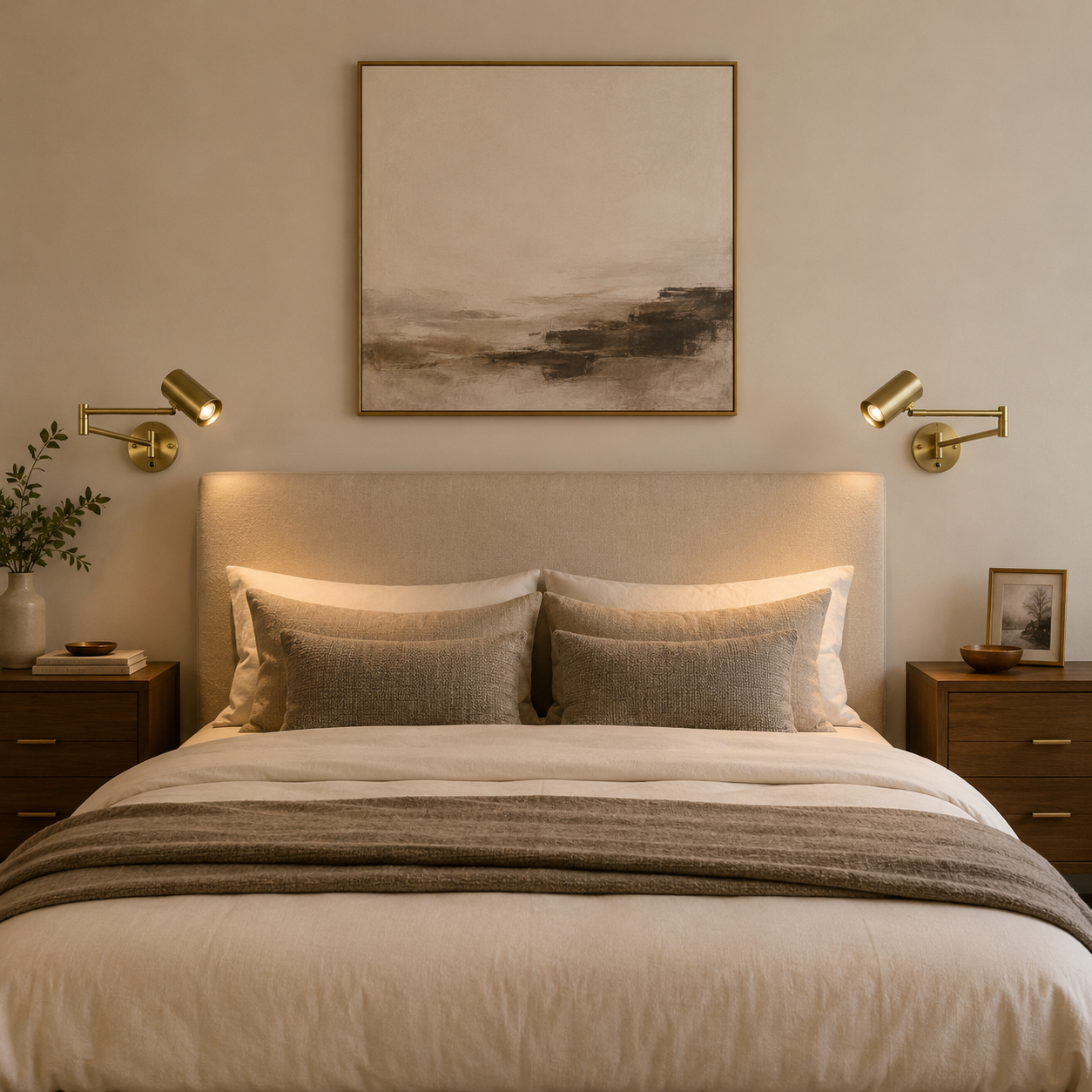 Una cama con almohadas, manta, mesitas de noche, lámparas y arte.