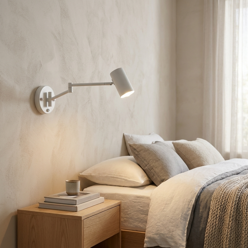 Una moderna lámpara de pared blanca ilumina una cama con ropa de cama gris y blanca.