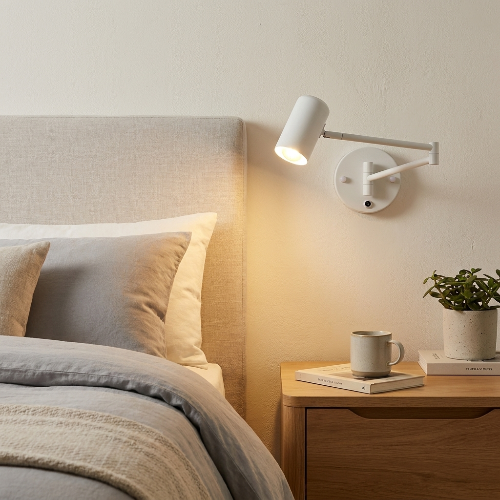 Una lámpara de pared blanca de brazo oscilante ilumina una cama con ropa de cama gris.