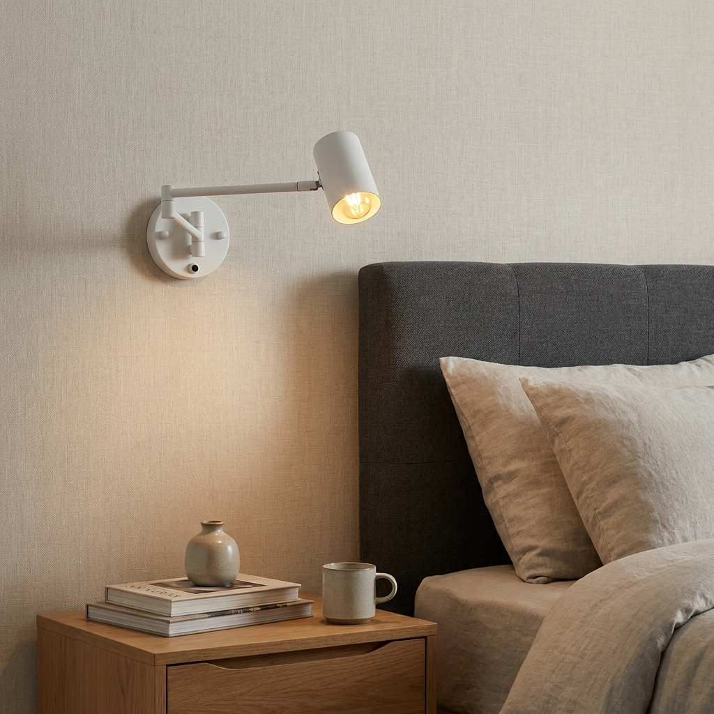 Una lámpara de pared blanca ilumina una mesita de noche con libro y jarrón.