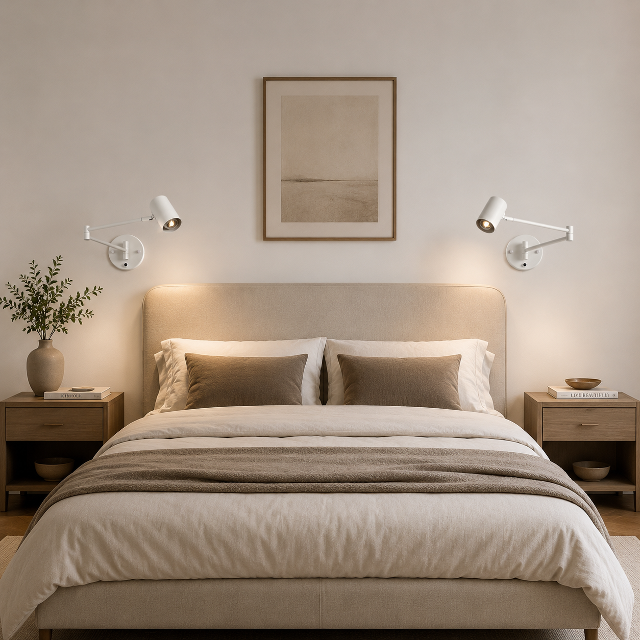Un dormitorio acogedor con cama, mesitas de noche y arte en la pared.