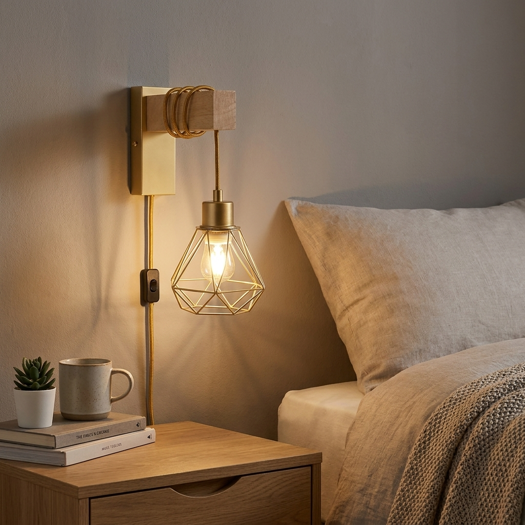 Una mesita de noche con lámpara, taza y planta junto a una cama.