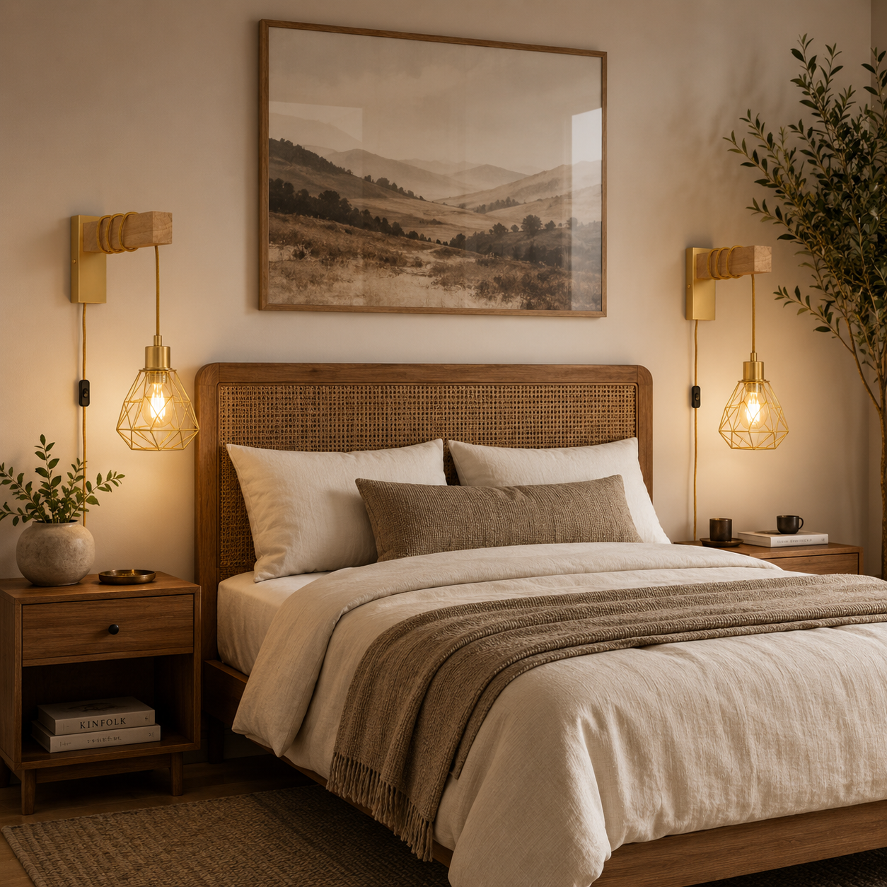 Un dormitorio con cama de madera, cabecero de ratán, mesitas de noche y apliques.