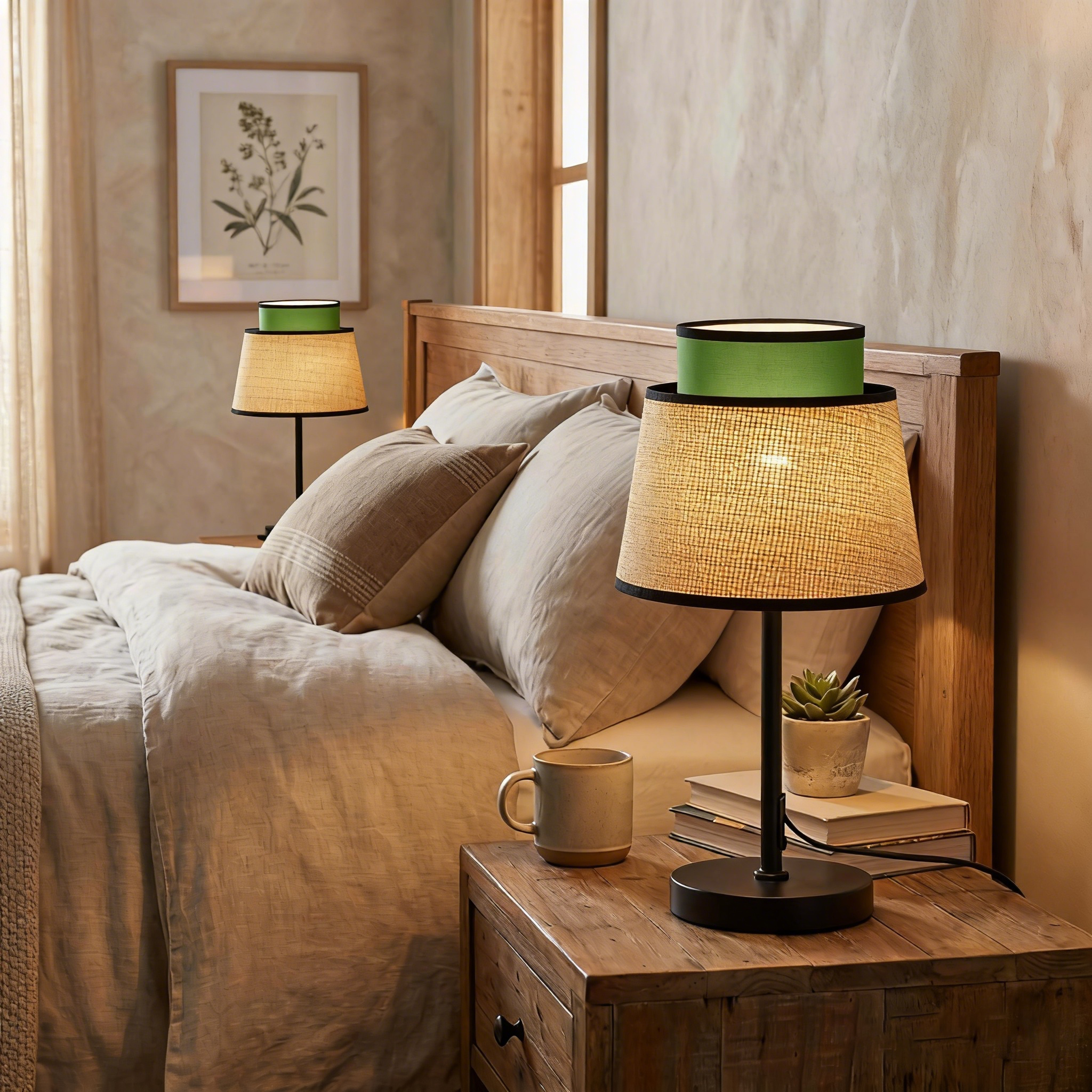 Una mesita de noche con lámpara, libro, planta en maceta y taza junto a la cama.