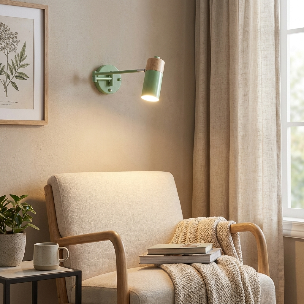 Un sillón con manta y libros, iluminado por una lámpara de pared verde.